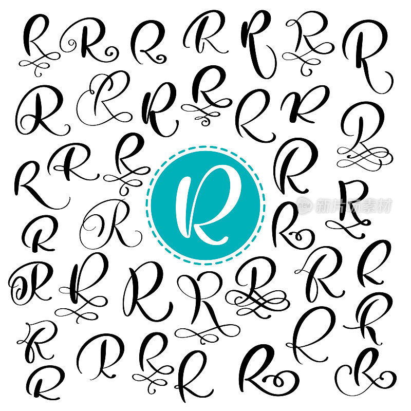 Set letter R. Hand drawn vector flourish calligraphy。脚本的字体。用墨水写的孤立的信件。手写的画笔风格。手写字体标识包装设计海报